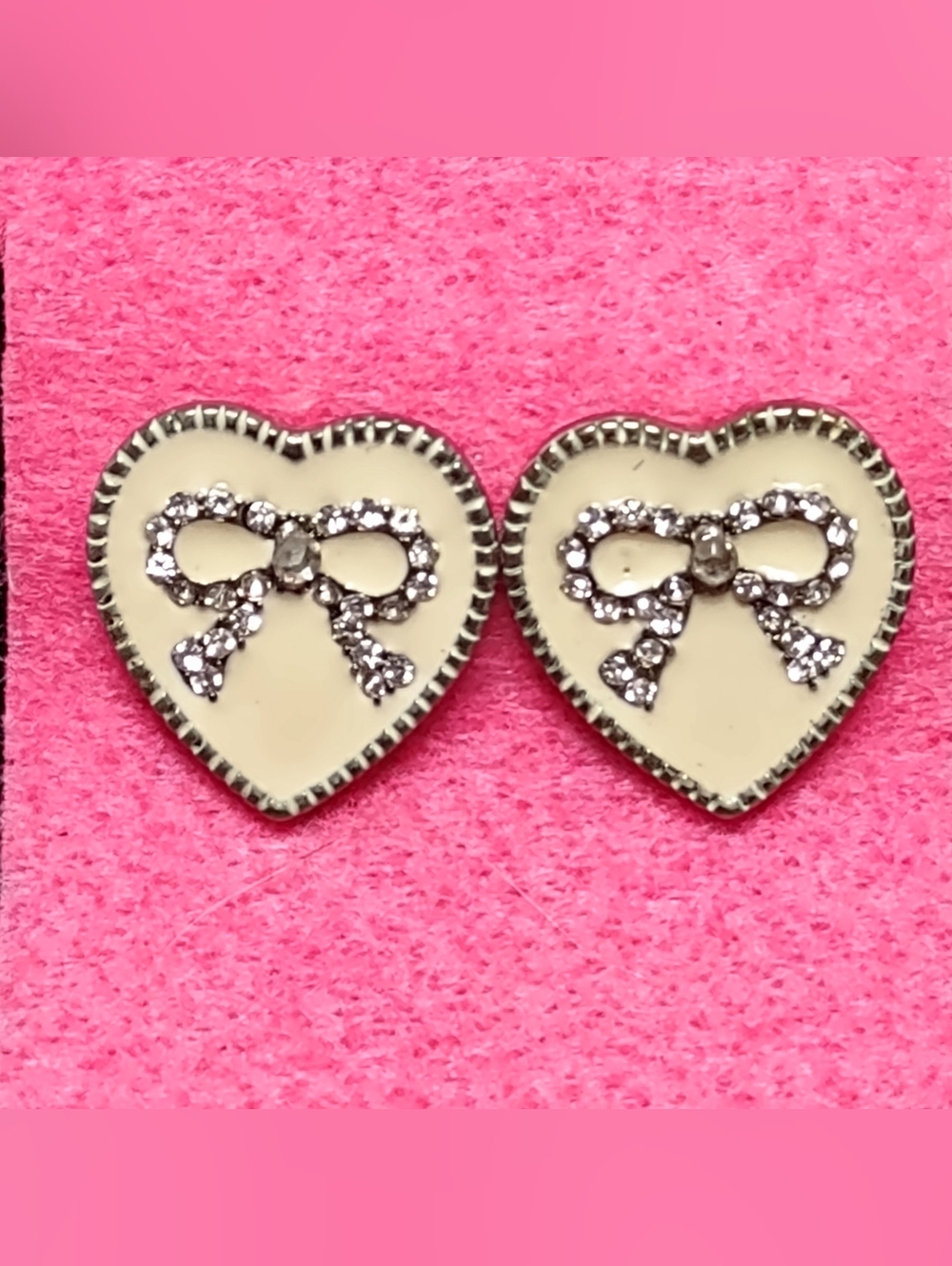 Heart Shaped Cream Color Enamel Earrings Crystal Bows